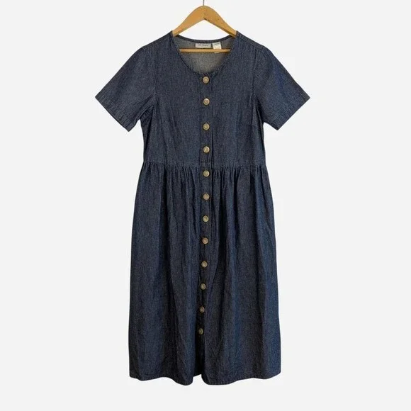 Vintage 90s CW Classics Dark Wash Denim Button Front Gathered Midi Dress Medium - Picture 1 of 7
